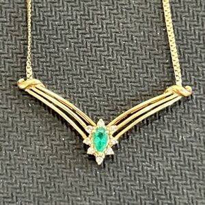Vintage 14k Gold Necklace Emerald & Diamond 16” Italy